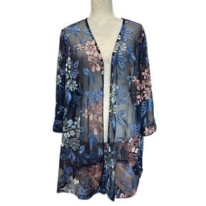 Womens 3X Navy Blue Floral Embroidered Sheer Mesh Kimono Cardigan Boho Coverup